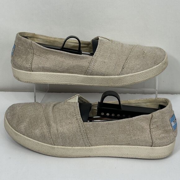 TOMS Women's Alpargatas Slip On Shoe Sz 8 Tan Metallic Canvas Flat - Picture 1 of 7